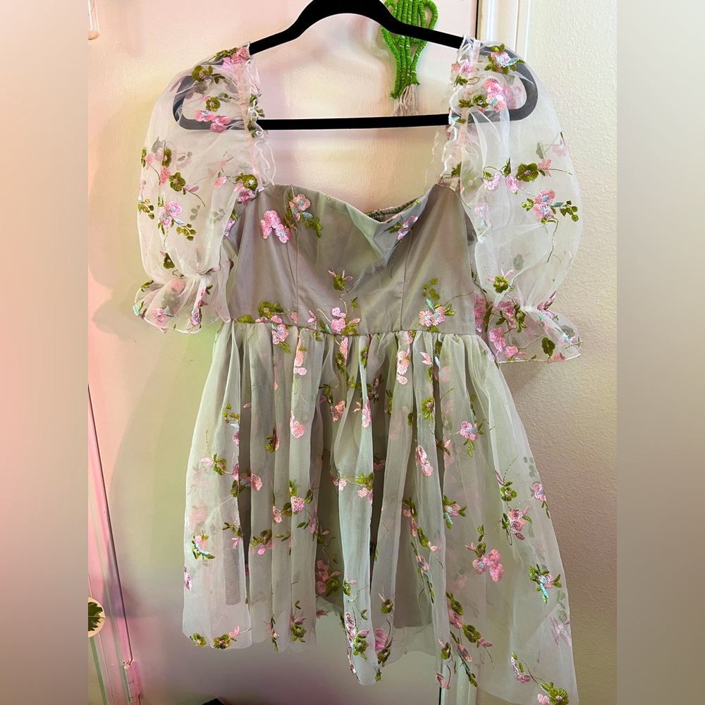 Green and pink floral tea dress
